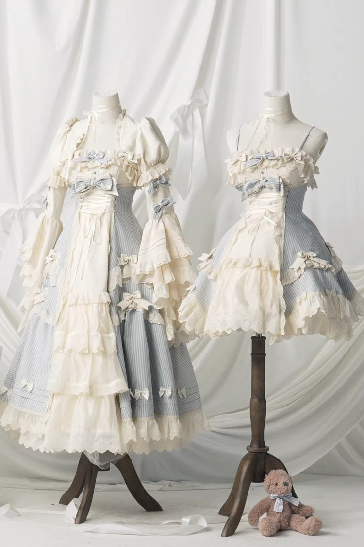 Blue [Letter Paper] Sleeveless Double-Layered Printed Ruffled Open-Front Bow Lace-Up Sweet Lolita Jsk Dress (Short Version) - Product - 6