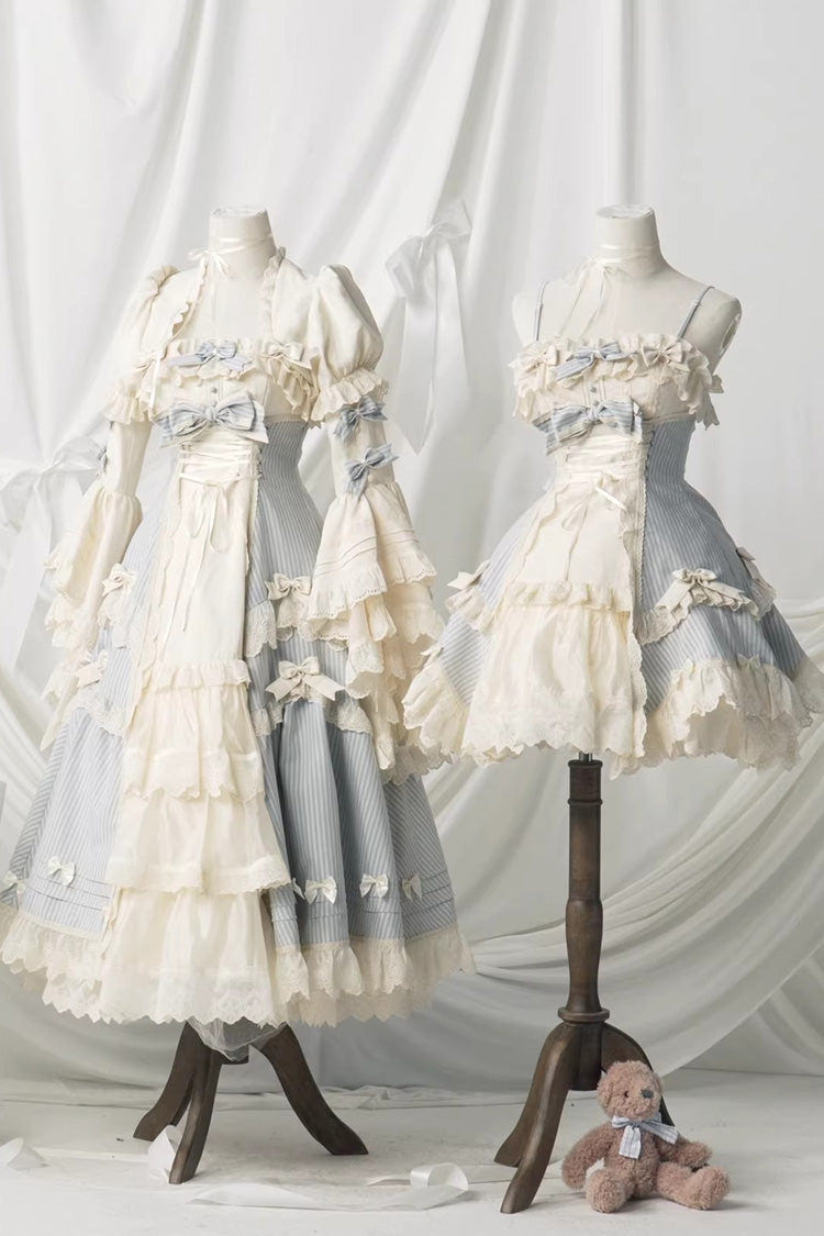 Blue [Letter Paper] Sleeveless Double-Layered Printed Ruffled Open-Front Bow Lace-Up Sweet Lolita Jsk Dress (Long Version) - Product - 9