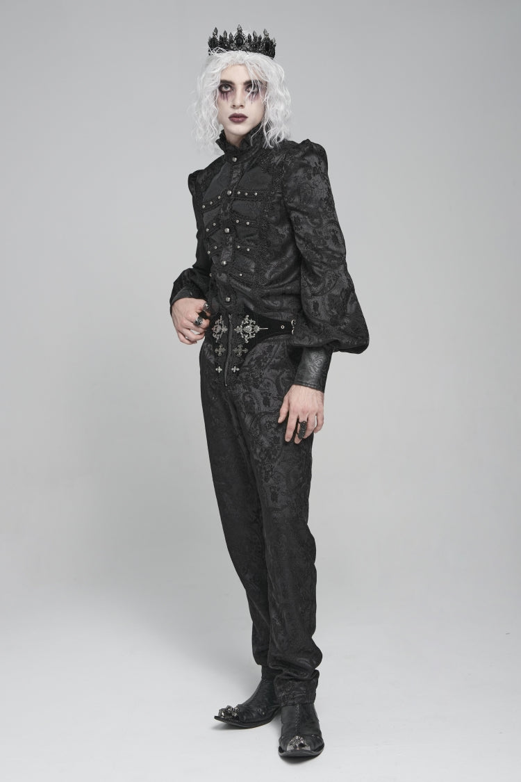 Black Printed Lace-Up Buckled Zippered Men's Gothic Pants - Product - 11