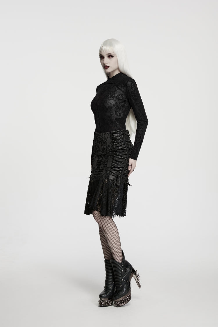 Black  High Collar Long Sleeves Rose Jacquard Lace Slim Fit Women's Gothic Luxurious Top - Product - 7