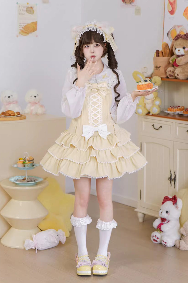 Yellow Nostalgic Showa Custard Cream Puff Sleeveless Triple-Layered Ruffled Bow Lace-Up Tiered Cake Sweet Jsk Dress - Product - 8