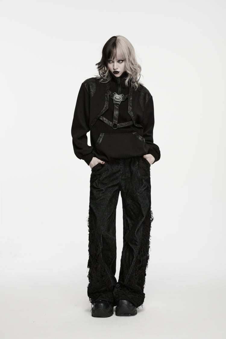 Black Stand Collar Long Sleeves Cut-Out Patchwork Eyelet Women's Punk Coat - Product - 7