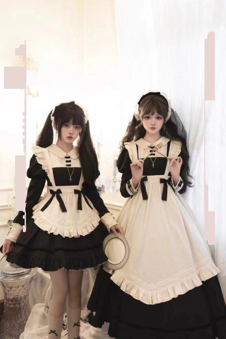 Black Maid Lapel Collar Short Sleeves Ruffle Sweet Classic Lolita Dress (Short or Long Version) - Product - 5