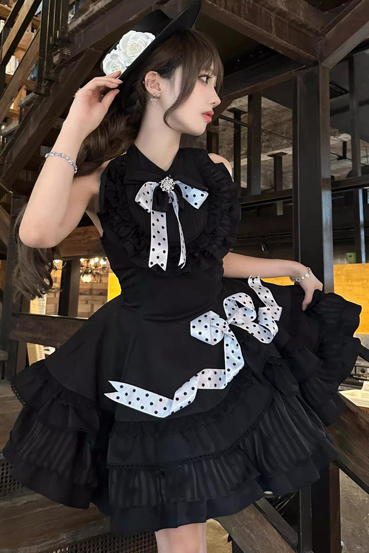 Black Multi-Layered Polka Dots Print Ruffle Bowknot Gothic Lolita Dress - Product - 5