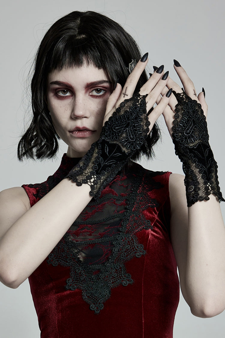 Black Jacquard Lace Women's Gothic Gloves - Black - 1