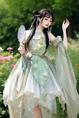 Green Halterneck Sleeveless Bowknot Lace Irregular Sweet Chinese Style Lolita Jsk Dress - Green - 1