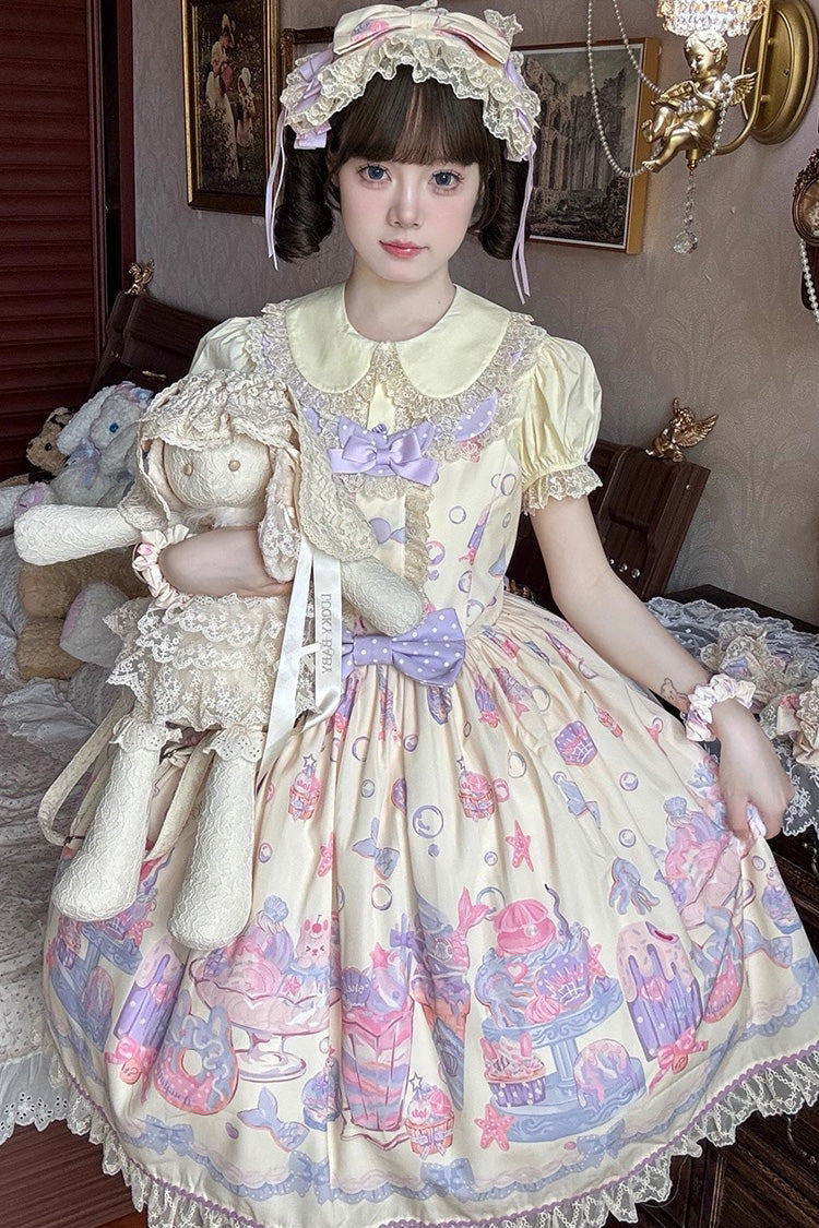 Cream Soda Mermaid Print Light Yellow Bowknot Lace Sweet Lolita Jsk Dress - Product - 3