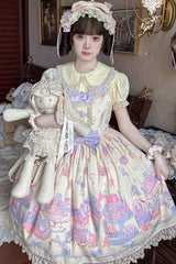 Cream Soda Mermaid Print Light Yellow Bowknot Lace Sweet Lolita Jsk Dress - Product - 3