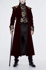 Black/Red Jacquard Gold Faded Buttons Fleece Long Men's Gothic Coat - Black/Red - 1