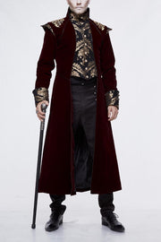 Black/Red Jacquard Gold Faded Buttons Fleece Long Men's Gothic Coat - Black/Red - 1