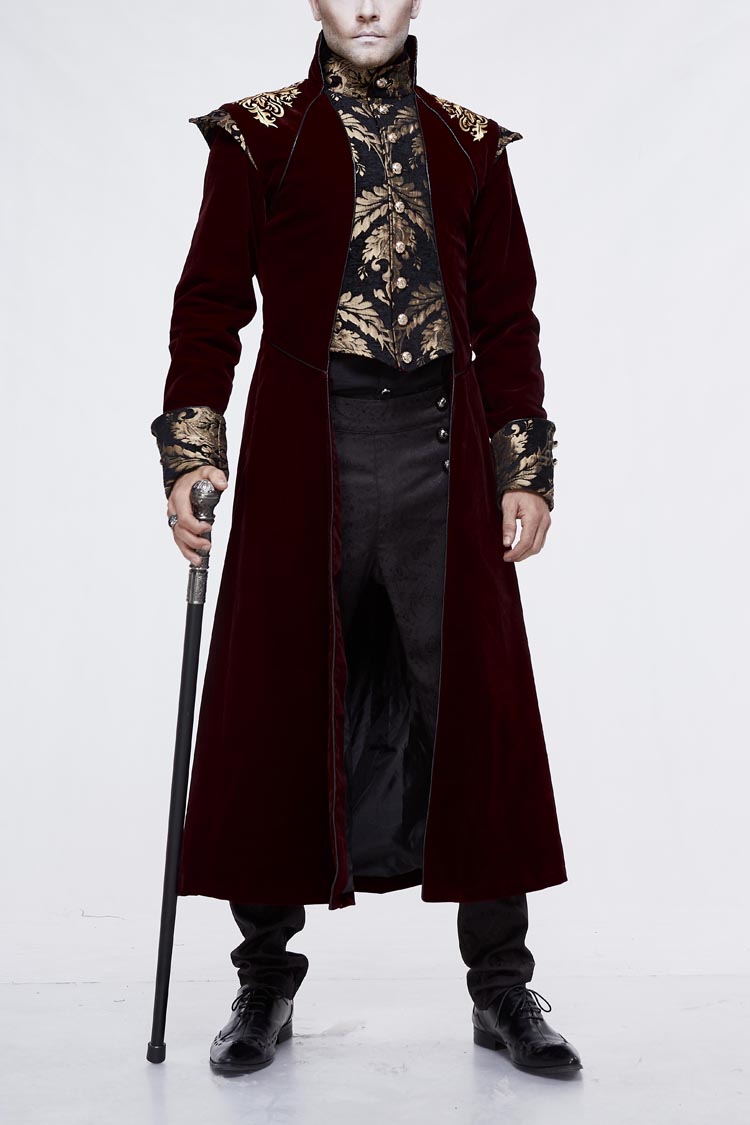 Black/Red Jacquard Gold Faded Buttons Fleece Long Men's Gothic Coat - Black/Red - 1