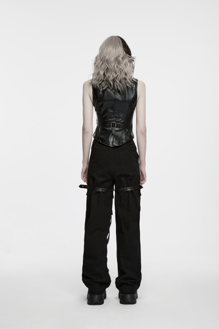 Black Patchwork Eyelet Women's Punk Cool Straight-leg Pants With Multi Pocket - Product - 4