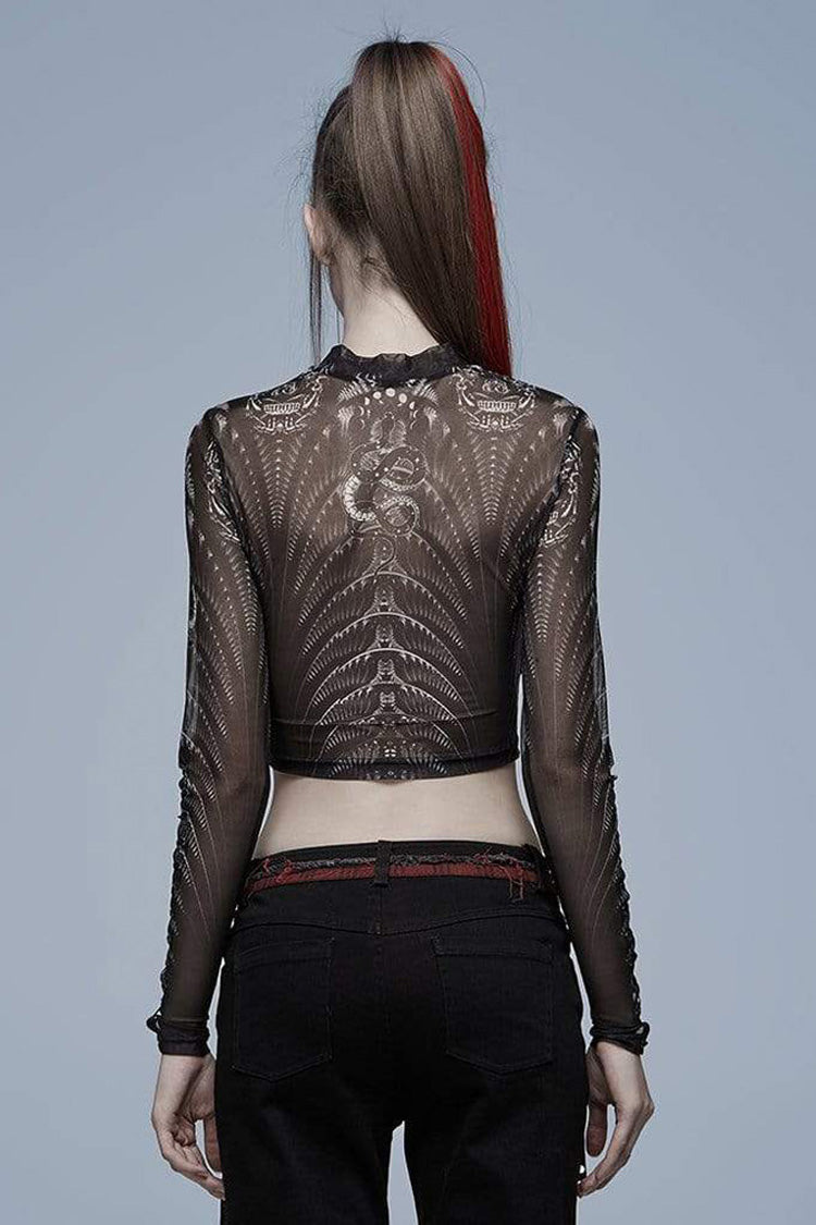Black/White Gothic Personality Skull Print Pattern Elasticity Mesh Tight Sexy Perspective Tie Cord At Cuff Women's Shirt - Product - 3