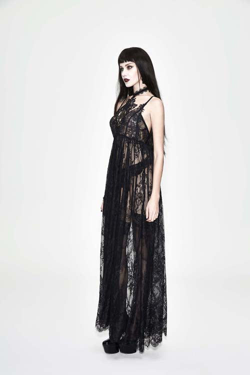 Black Mysterious Night Transparent Lace High Waist Sexy Halter Long Gothic Womens Dress - Product - 4