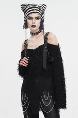 Black Irregular Off Shoulder Fluffy Women's Punk Sweater - Product - 2