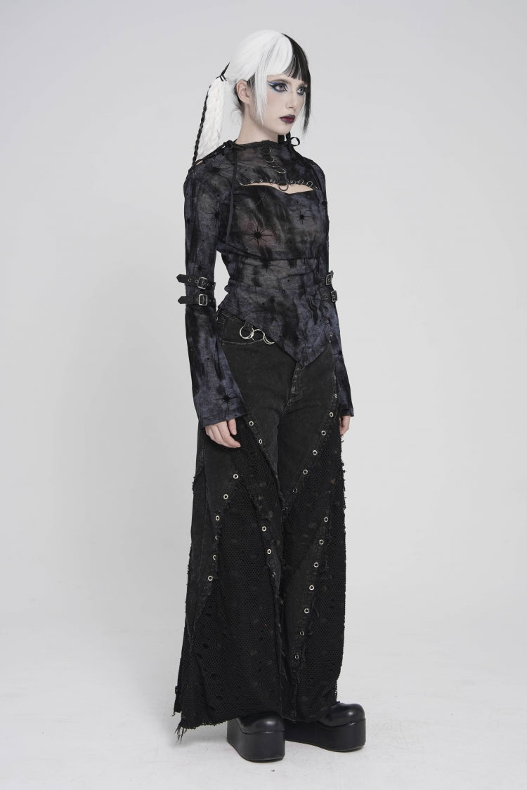 Black Stand Collar Long Sleeves Printed Spliced Lace-Up Asymmetric Buckled Women's Punk Blouse - Product - 3