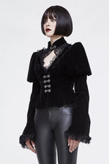 Small Stand Collar Flared Princess Sleeve Black Velveteen Short Womens Gothic Jacket - Product - 2