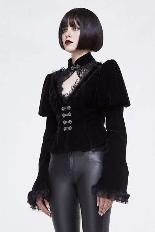 Small Stand Collar Flared Princess Sleeve Black Velveteen Short Womens Gothic Jacket - Product - 2
