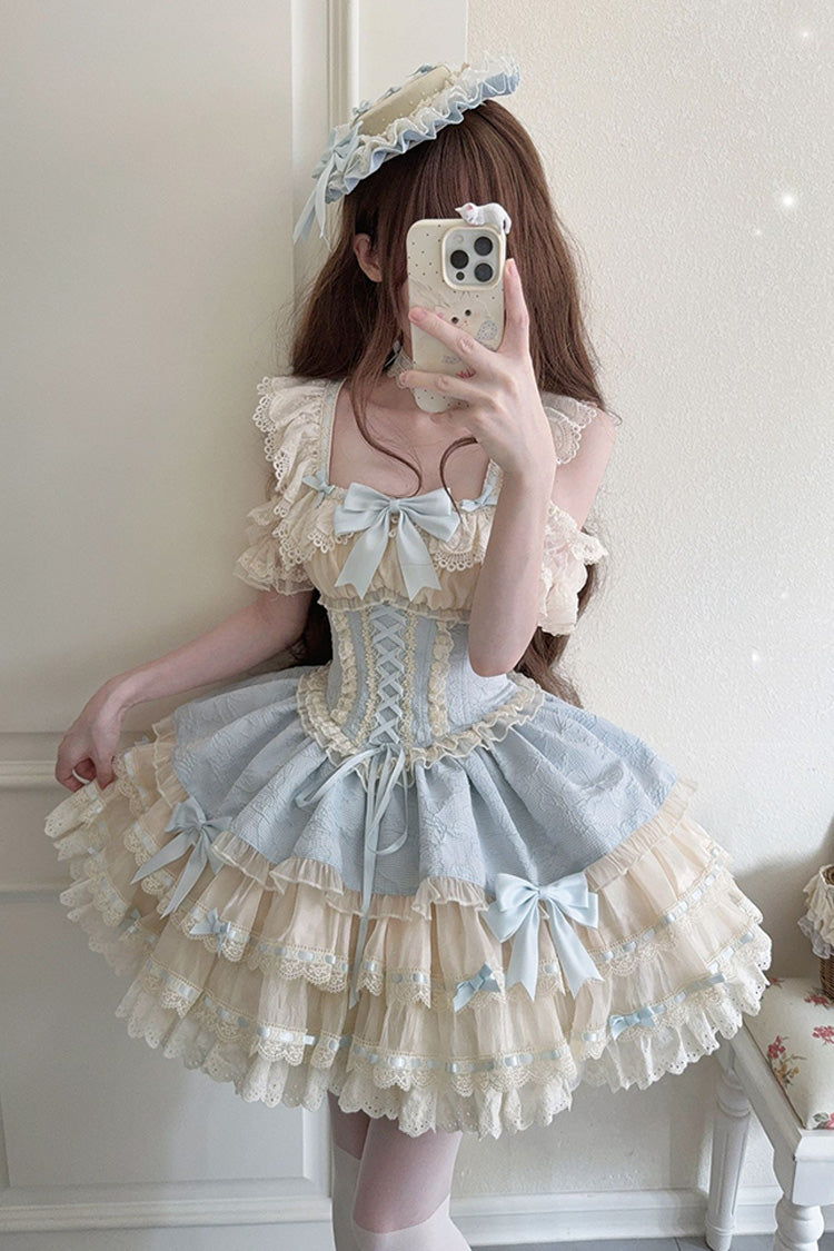 Blue [Flory Butterfly] Double-Layered Ruffle Bowknot Lace Lace-Up Sweet Ballet Lolita Jsk Dress - Product - 2