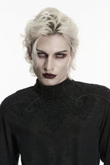 Black High Collar Long Sleeves Jacquard Spliced Slim Men's Gothic Top - Product - 8