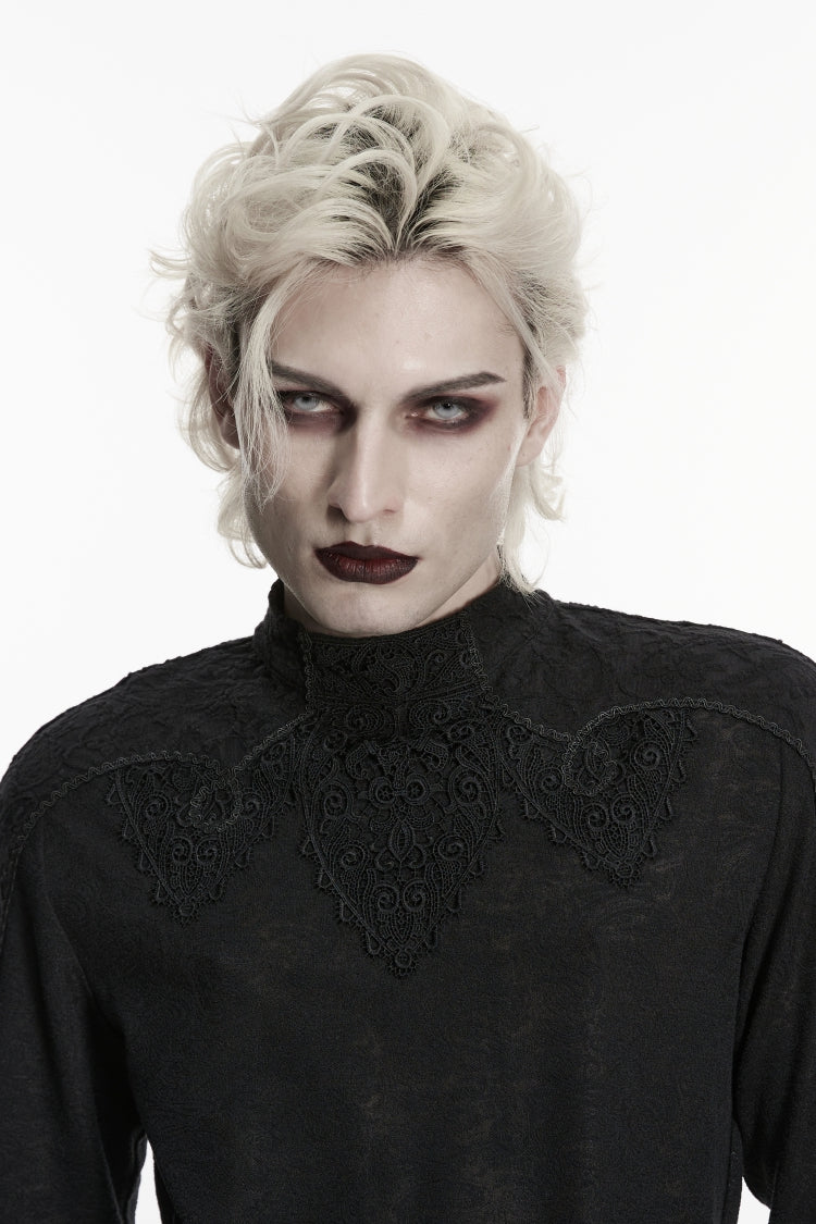 Black High Collar Long Sleeves Jacquard Spliced Slim Men's Gothic Top - Product - 8