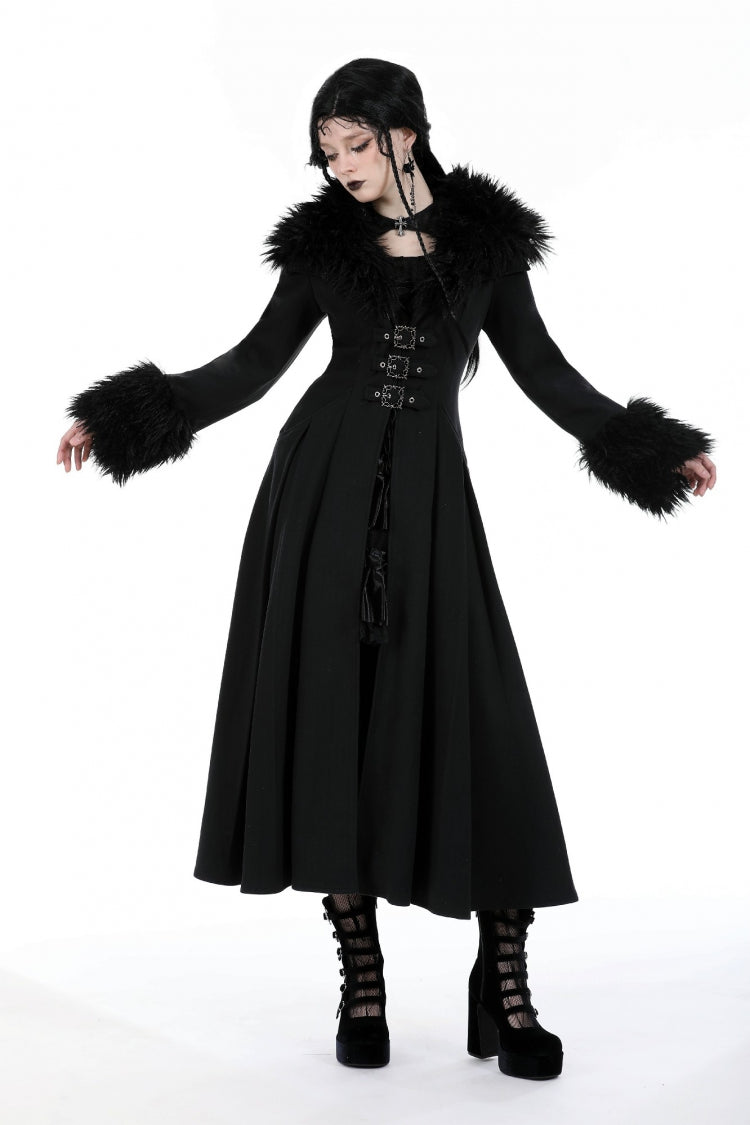 Black Long Sleeves Lace-Up Buckled Women's Gothic Draped Coat with Faux Fur Collar - Black - 1