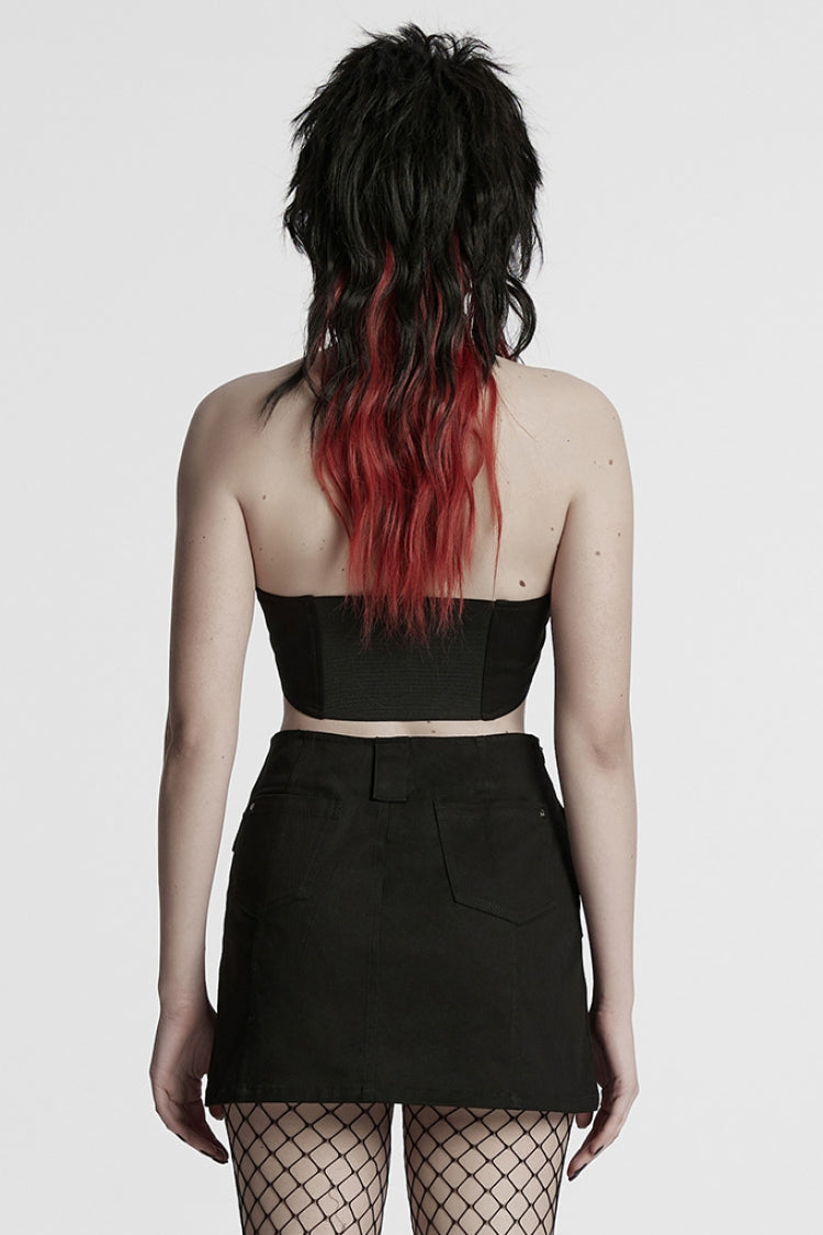 Black Halterneck Women's Punk Tank Top with Skirt Set - Product - 3