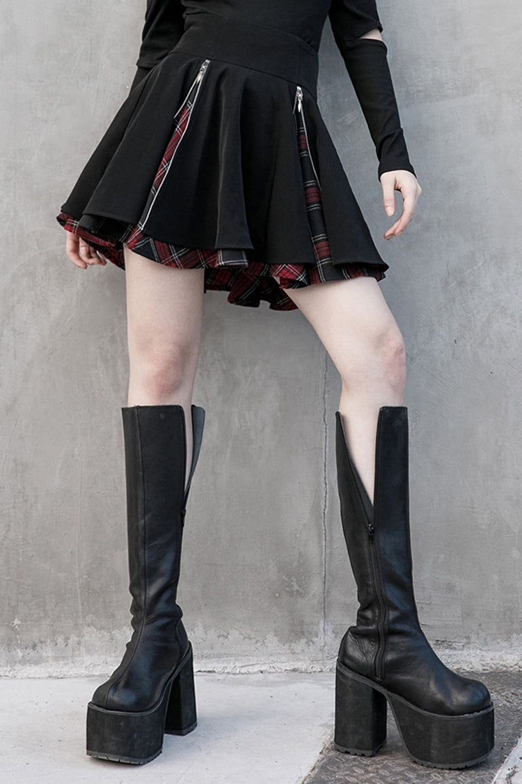 Black/Red Splice Plaid Metal Zipper Decoration Pleated Women's Punk Skirt - Black/Red - 1