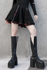 Black/Red Splice Plaid Metal Zipper Decoration Pleated Women's Punk Skirt - Black/Red - 1