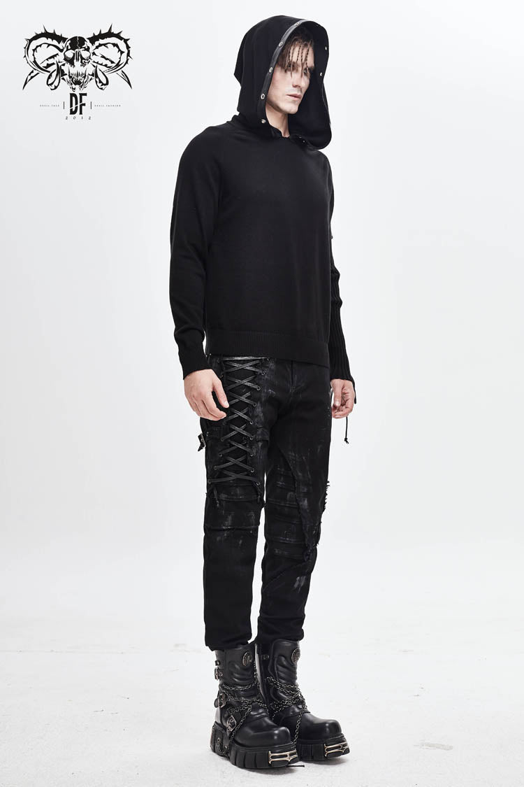 Black Asymmetrical Sleeves Leather Loop Lace-Up Hooded Men's Punk Sweater - Product - 2