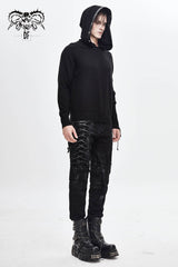 Black Asymmetrical Sleeves Leather Loop Lace-Up Hooded Men's Punk Sweater - Product - 2