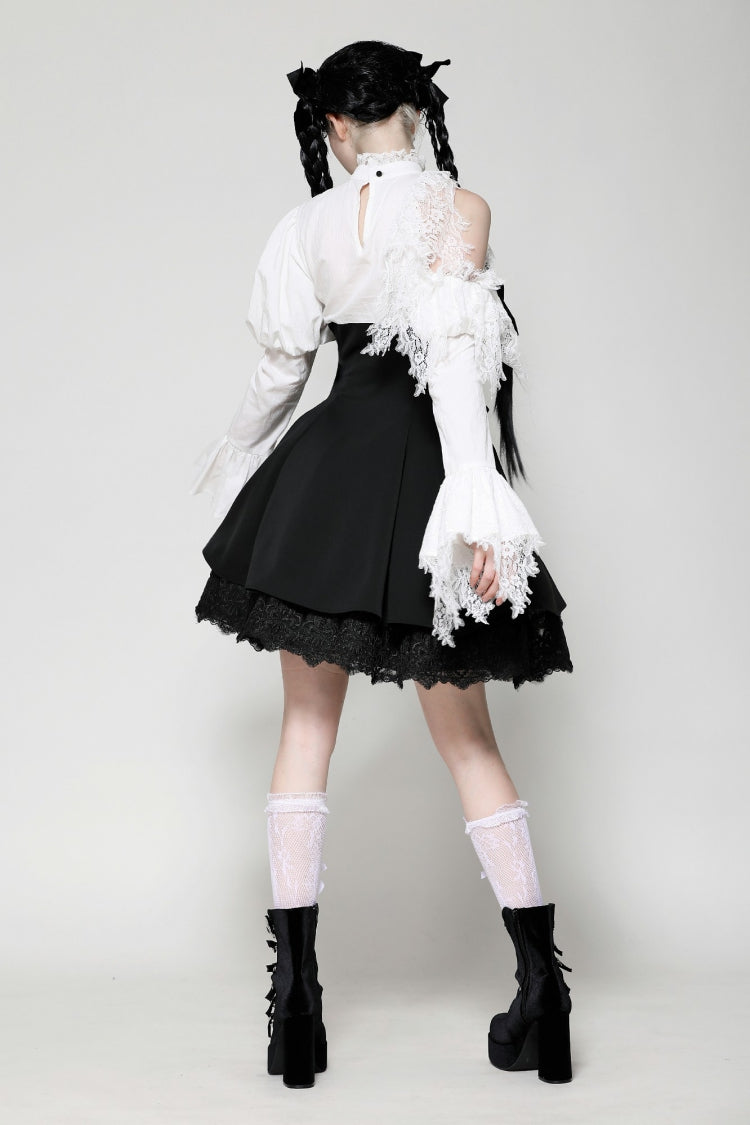 Black/White Lace High Collar Asymmetric Long Trumpet Puff Sleeves Bowknot Women's Lolita Gothic Short Dress - Product - 4