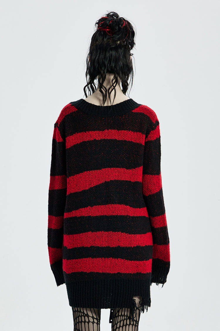 Striped Print Long Sleeves Mesh Ripped Women's Steampunk Knitted Sweater 2 Colors - Product - 10