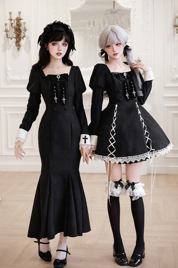 Black/White [Rose Doll] Square Collar Long Sleeves Bowknot Lace-Up Gothic Lolita Dress Set 2 Versions - Product - 10