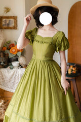 Green [Forest Gallery] Square Collar Short Sleeves Ruffled Bow Classic Vintage Elegant Lolita Dress - Product - 6