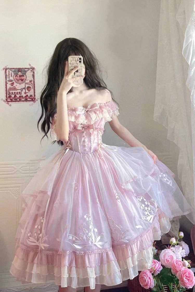 Pink [Love Is Coming] Multi-layer Ruffle Embroidery Bowknot Sweet Princess Lolita Jsk Dress - Pink - 1
