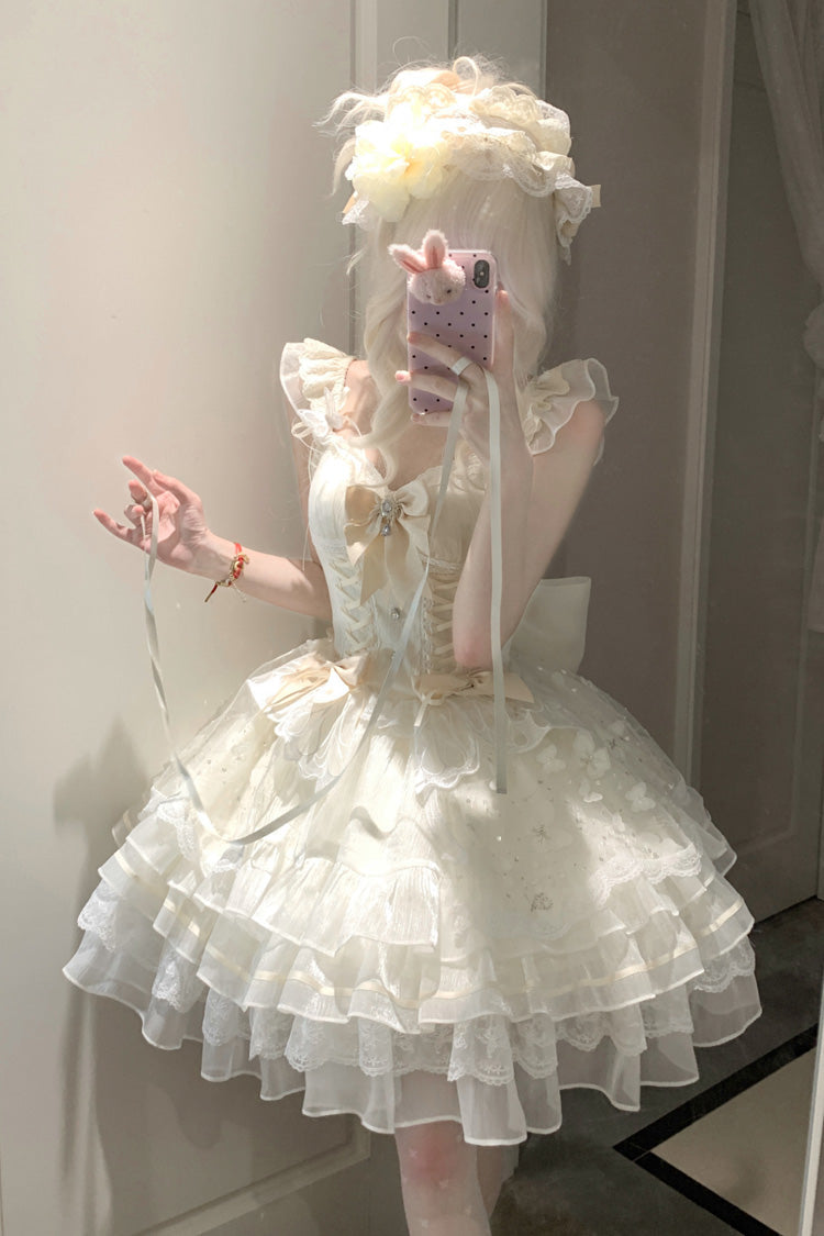 Ivory [First Love] Multi-Layered Ruffle Bowknot Lace-Up Sweet Elegant Princess Lolita Jsk Dress - Product - 2