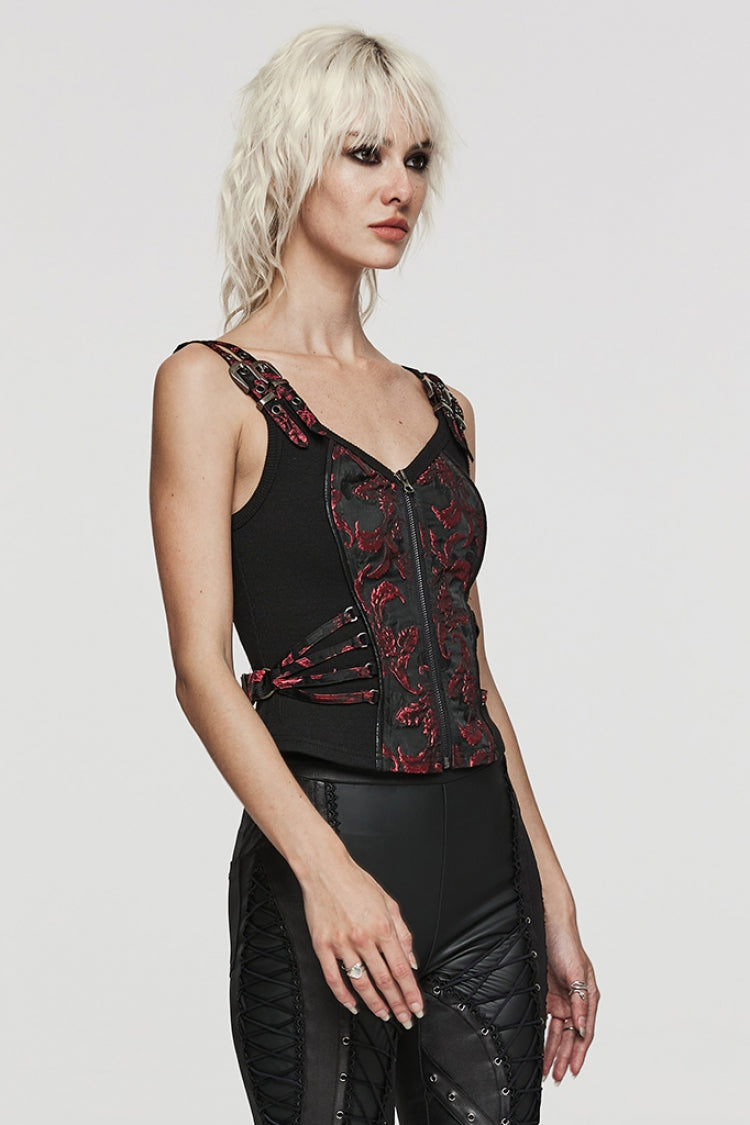Steampunk Sleeveless Jacquard Print Metal Buckle Strap Metal Zipper Hollow Lace-Up Women's Vest 4 Colors - Product - 26
