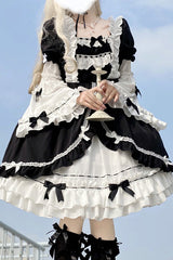 Black/White Ruffled Long Sleeves Detachable Trumpet Sleeves High Waisted Sweet Lolita OP Dress - Product - 3