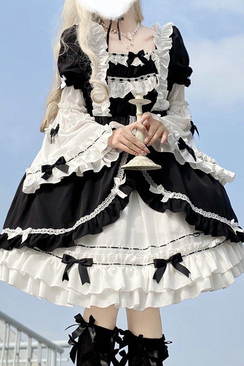 Black/White Ruffled Long Sleeves Detachable Trumpet Sleeves High Waisted Sweet Lolita OP Dress - Product - 3