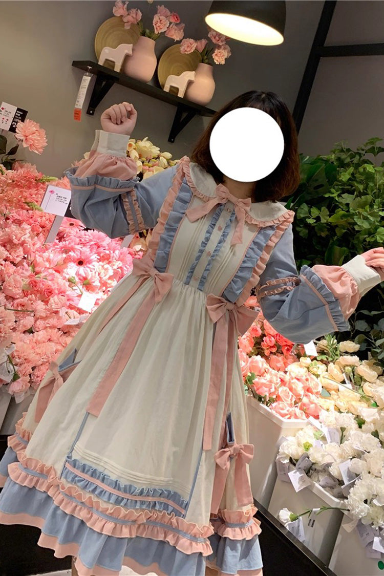 Blue/Pink [Sweetheart Puff] Doll Collar Long Sleeves Ruffle Bowknot Sweet Plus Size Lolita Dress - Product - 6
