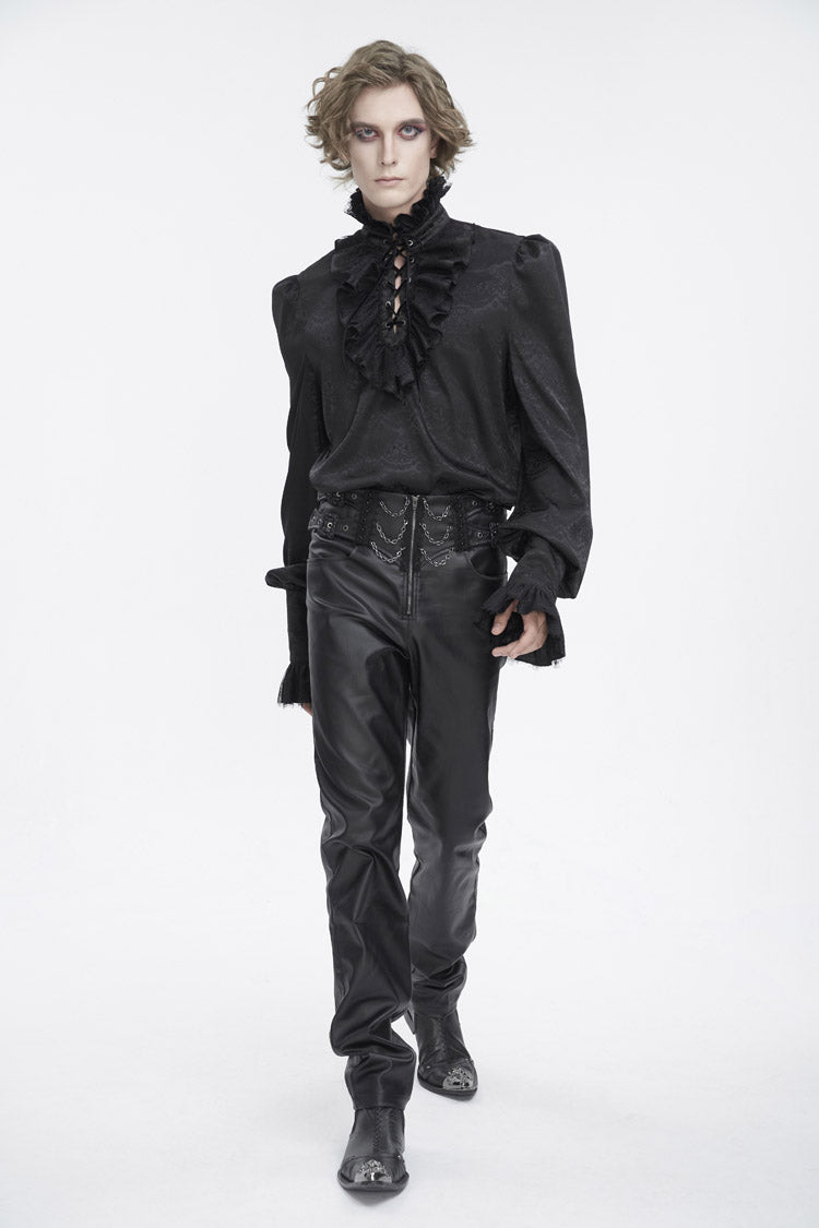 Black Stand Collar Long Sleeves Jacquard Ruffle Men's Gothic Blouse - Product - 2