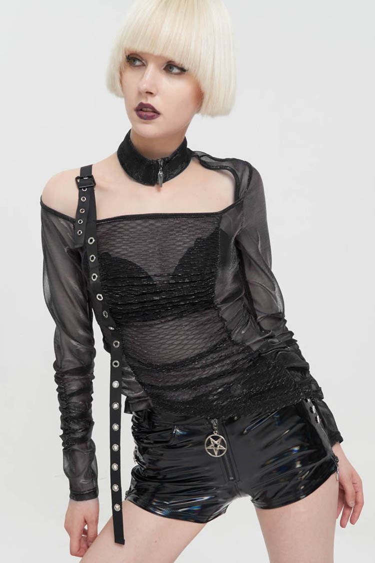 Black Long Sleeve Neck Zipper Asymmetric One Shoulder Strap Mesh Women's Punk T-Shirt - Product - 4