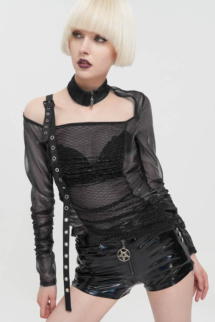 Black Long Sleeve Neck Zipper Asymmetric One Shoulder Strap Mesh Women's Punk T-Shirt - Product - 4