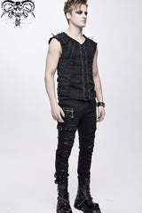 Black Patchwork Unedged Coarse Grain Leather Long Pointed Nails Distressed Men's Punk Vest - Product - 7