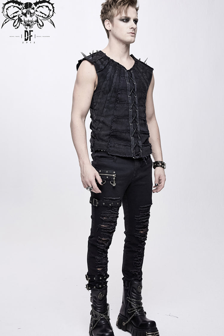 Black Patchwork Unedged Coarse Grain Leather Long Pointed Nails Distressed Men's Punk Vest - Product - 7