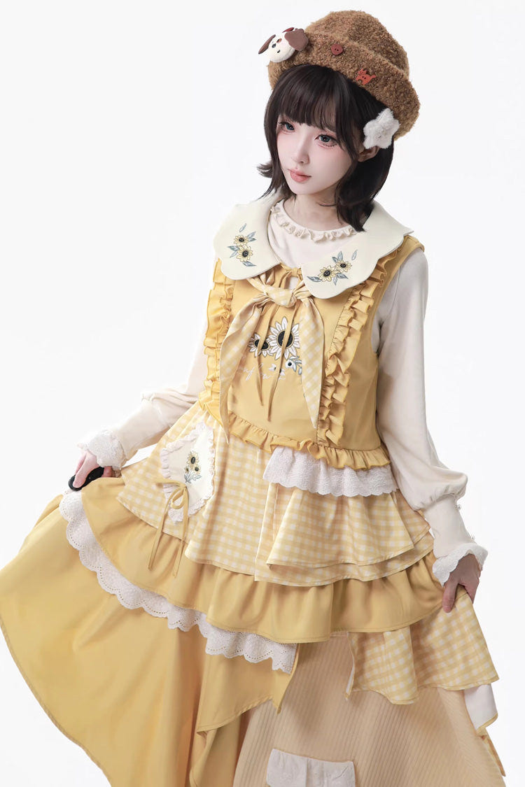 Yellow [Orange Diary] Multi-Layered Printed Embroidered Bow Lace Asymmetric Sweet Lolita Jumper Dress - Product - 6