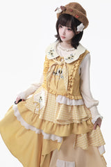 Yellow [Orange Diary] Multi-Layered Printed Embroidered Bow Lace Asymmetric Sweet Lolita Jumper Dress - Product - 6