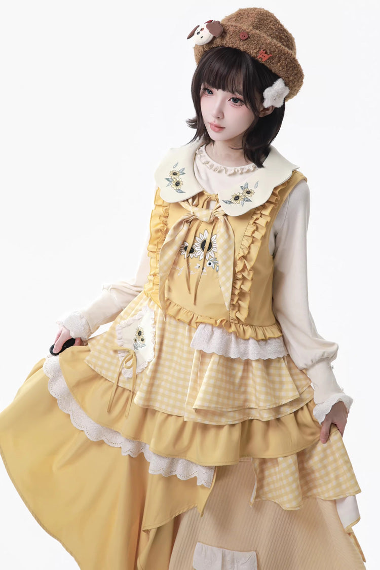Yellow [Orange Diary] Multi-Layered Printed Embroidered Bow Lace Asymmetric Sweet Lolita Jumper Dress - Product - 6