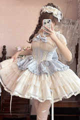 Blue/Ivory Dance of Time Triple-Layered Ballet Style Bowknot Lace-Up Sweet Lolita Jsk Dress - Blue/Ivory - 1